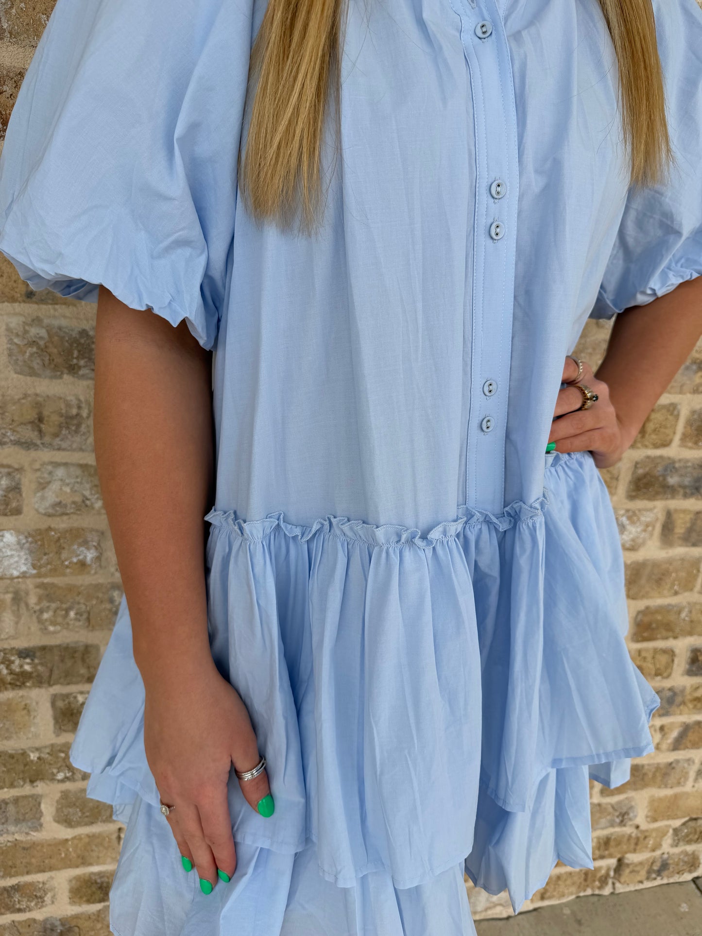 BUBBLE SLEEVE BUTTON DOWN BABYDOLL DRESS