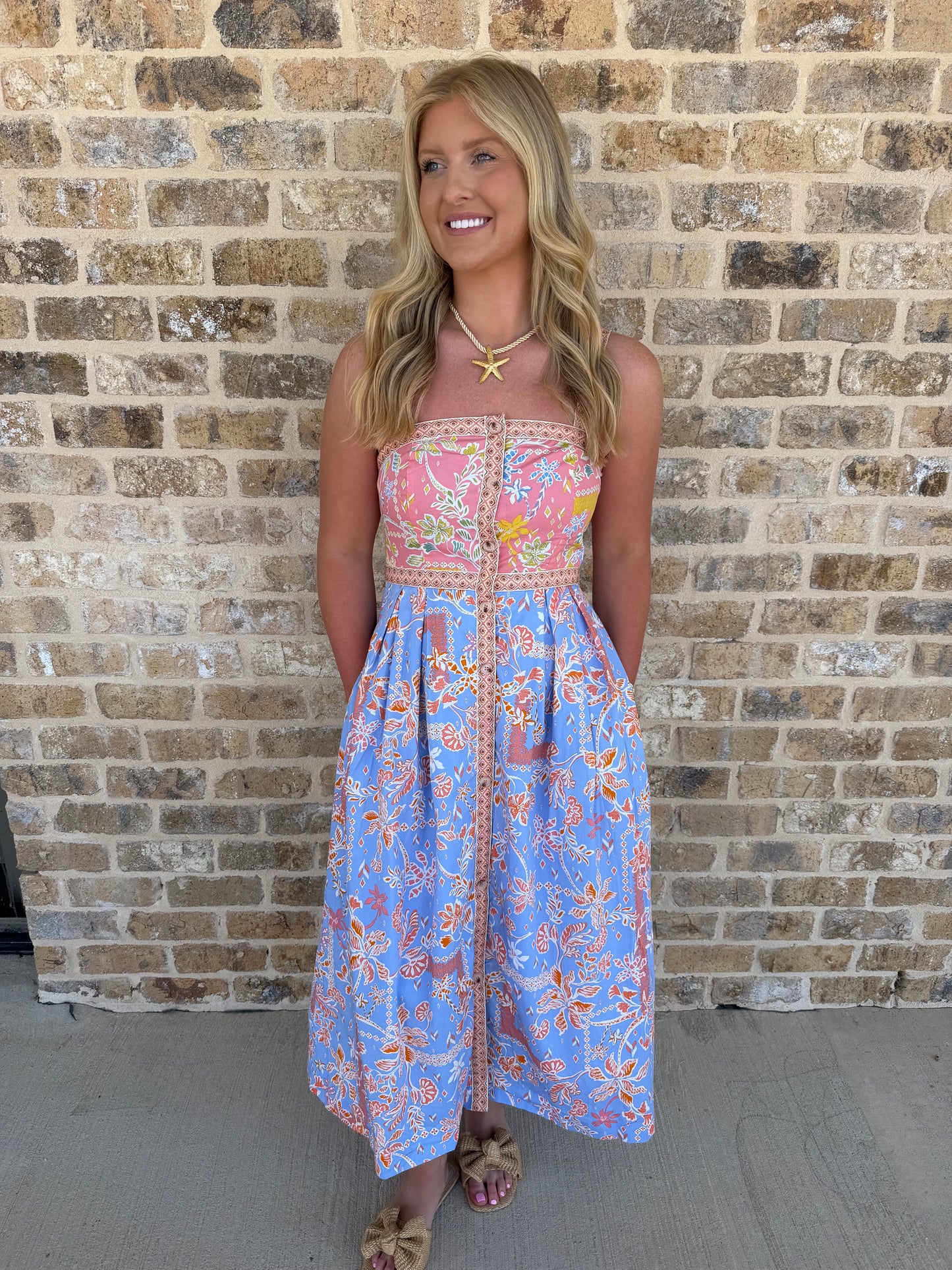 FLORAL BUTTON DOWN TAPE TRIM MIDI DRESS