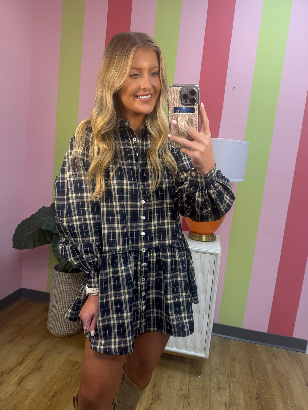 NAVY PLAID BABYDOLL DRESS