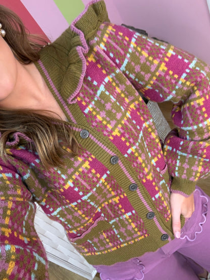 RUFFLED PLAID SWEATER CARDIGAN