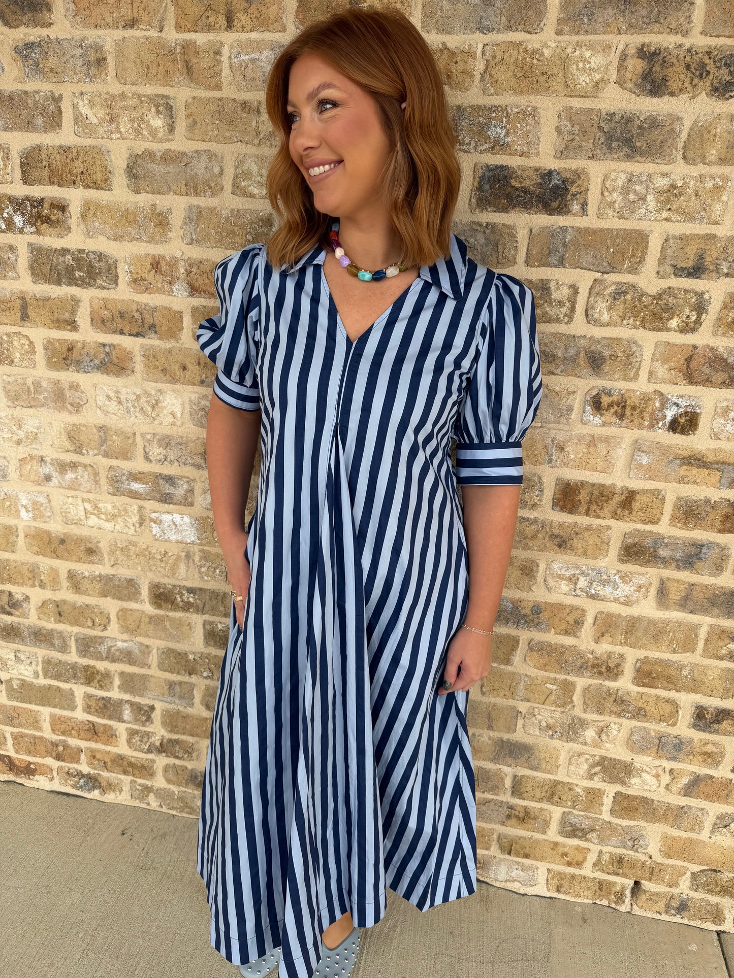 STRIPED V NECK MIDI DRESS