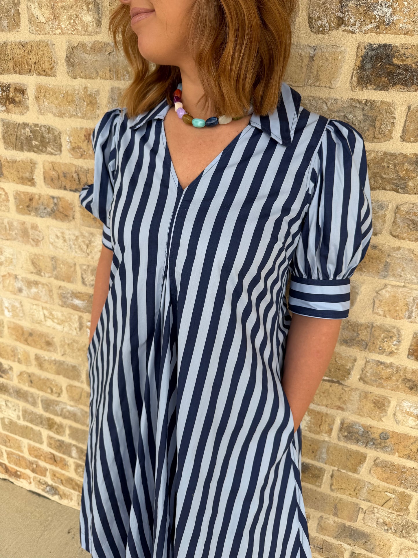 STRIPED V NECK MIDI DRESS