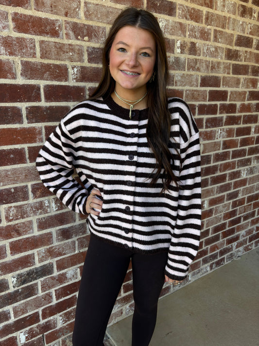 STRIPED KNIT BUTTON UP CARDIGAN SWEATER