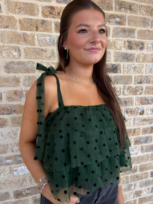 GREEN TIERED TANK WITH VELVET POLKA DOTS