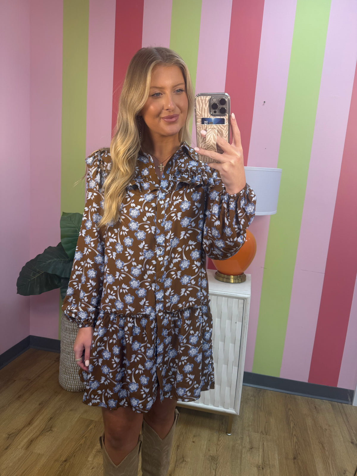FLORAL RUFFLE SHIRT COLLAR LONG SLEEVE DRESS