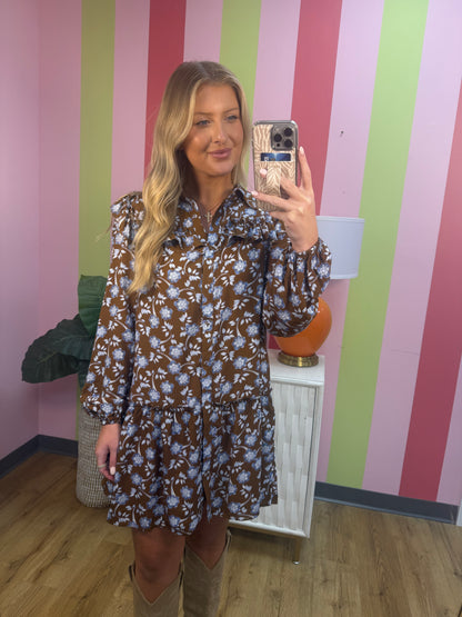 FLORAL RUFFLE SHIRT COLLAR LONG SLEEVE DRESS
