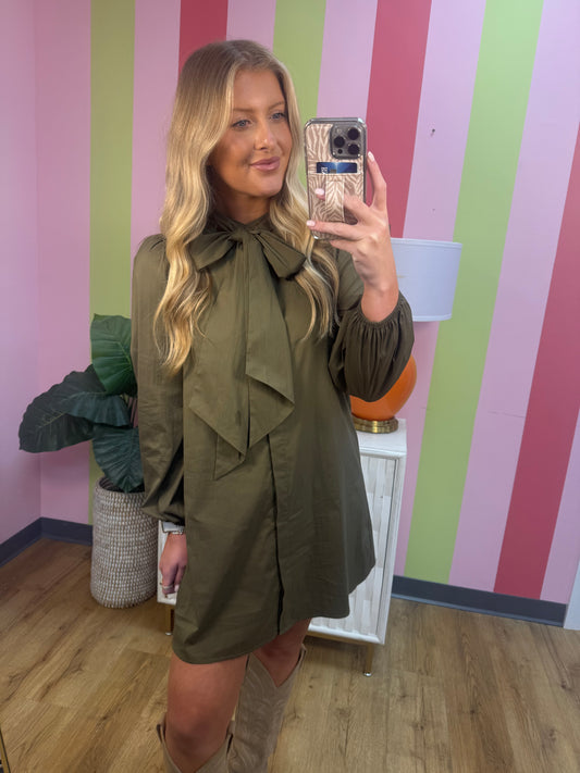 OLIVE TIE NECK DRESS