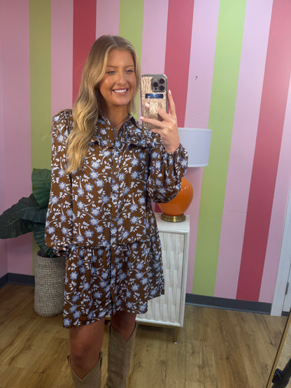 FLORAL RUFFLE SHIRT COLLAR LONG SLEEVE DRESS