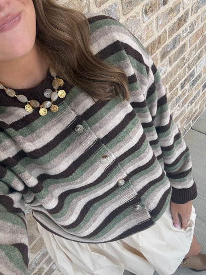 MULTI STRIPE CREWNECK KNIT CARDIGAN