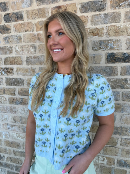 FLORAL SHORT SLEEVE SWEATER CARDIGAN