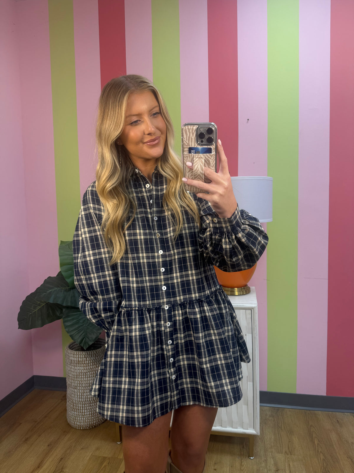 NAVY PLAID BABYDOLL DRESS