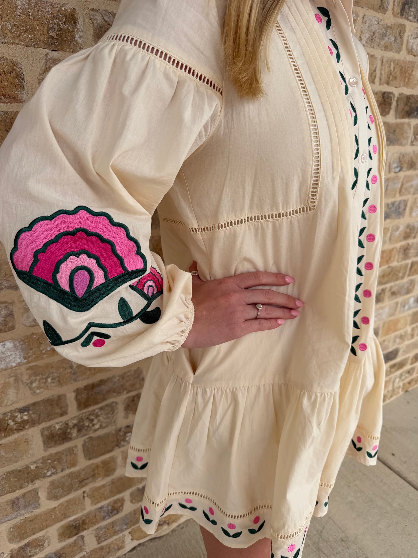 EMBROIDERED PINTUCK MINI DRESS
