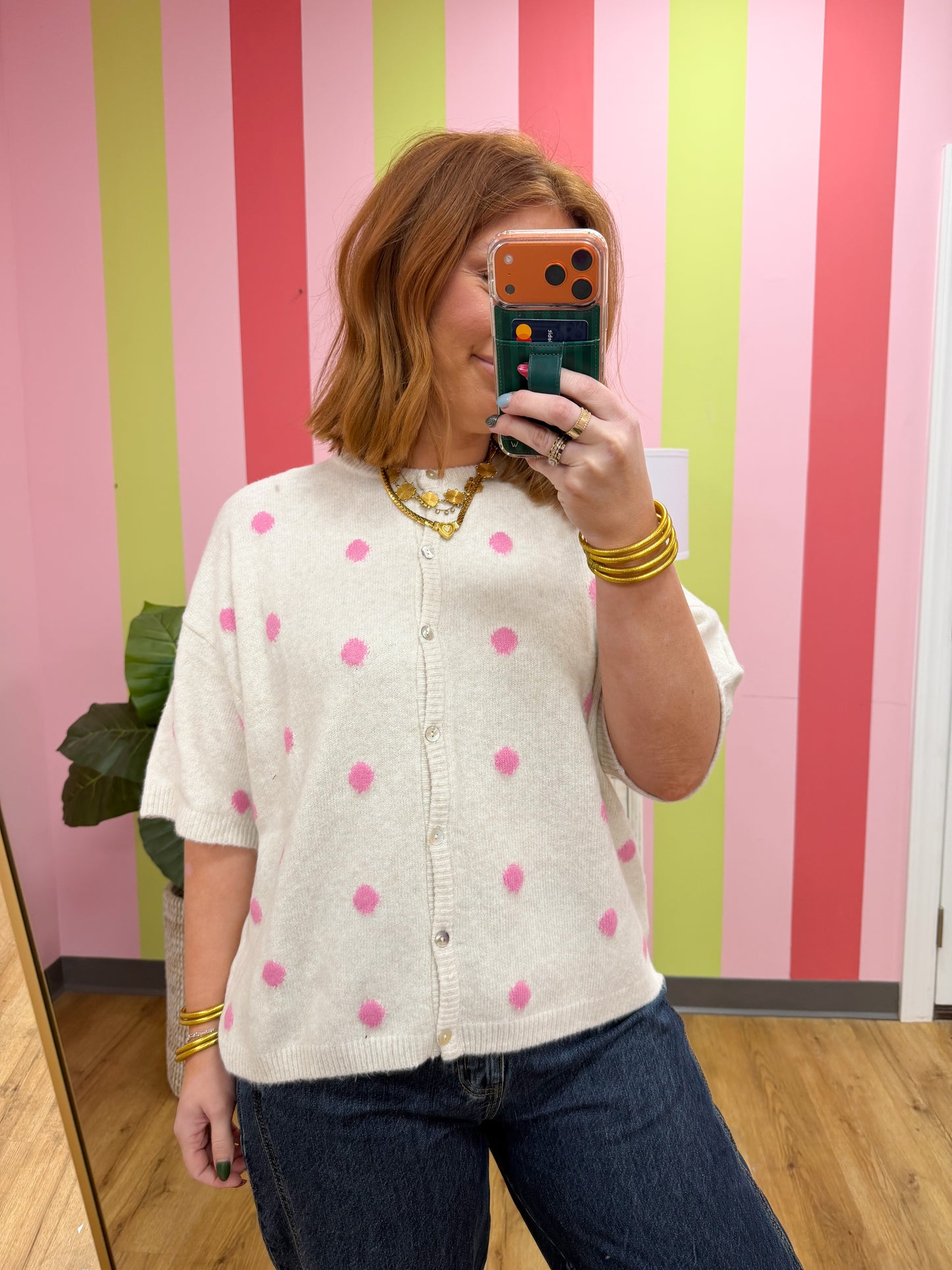 SHORT SLEEVE POKA DOT SWEATER