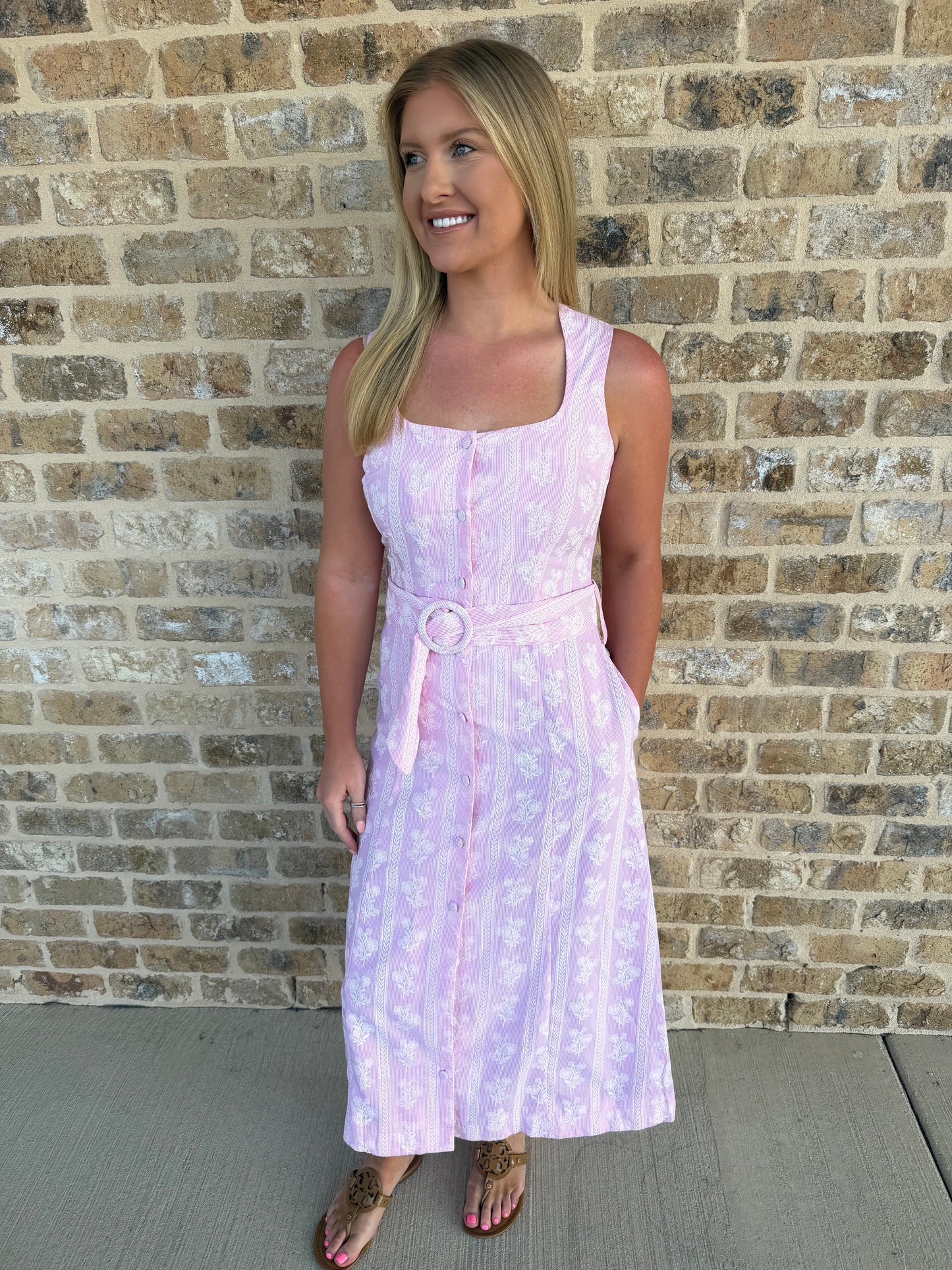 STRIPED FLORAL BUTTON DOWN MIDI DRESS