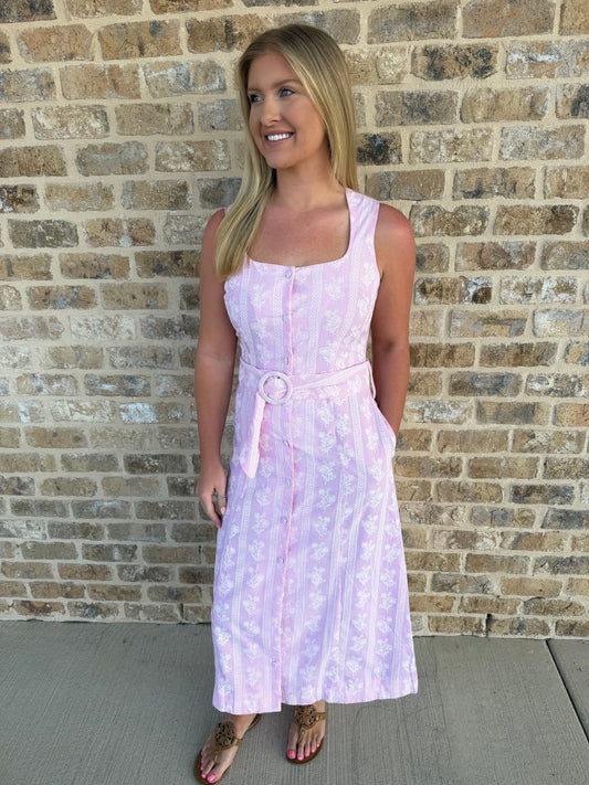 STRIPED FLORAL BUTTON DOWN MIDI DRESS