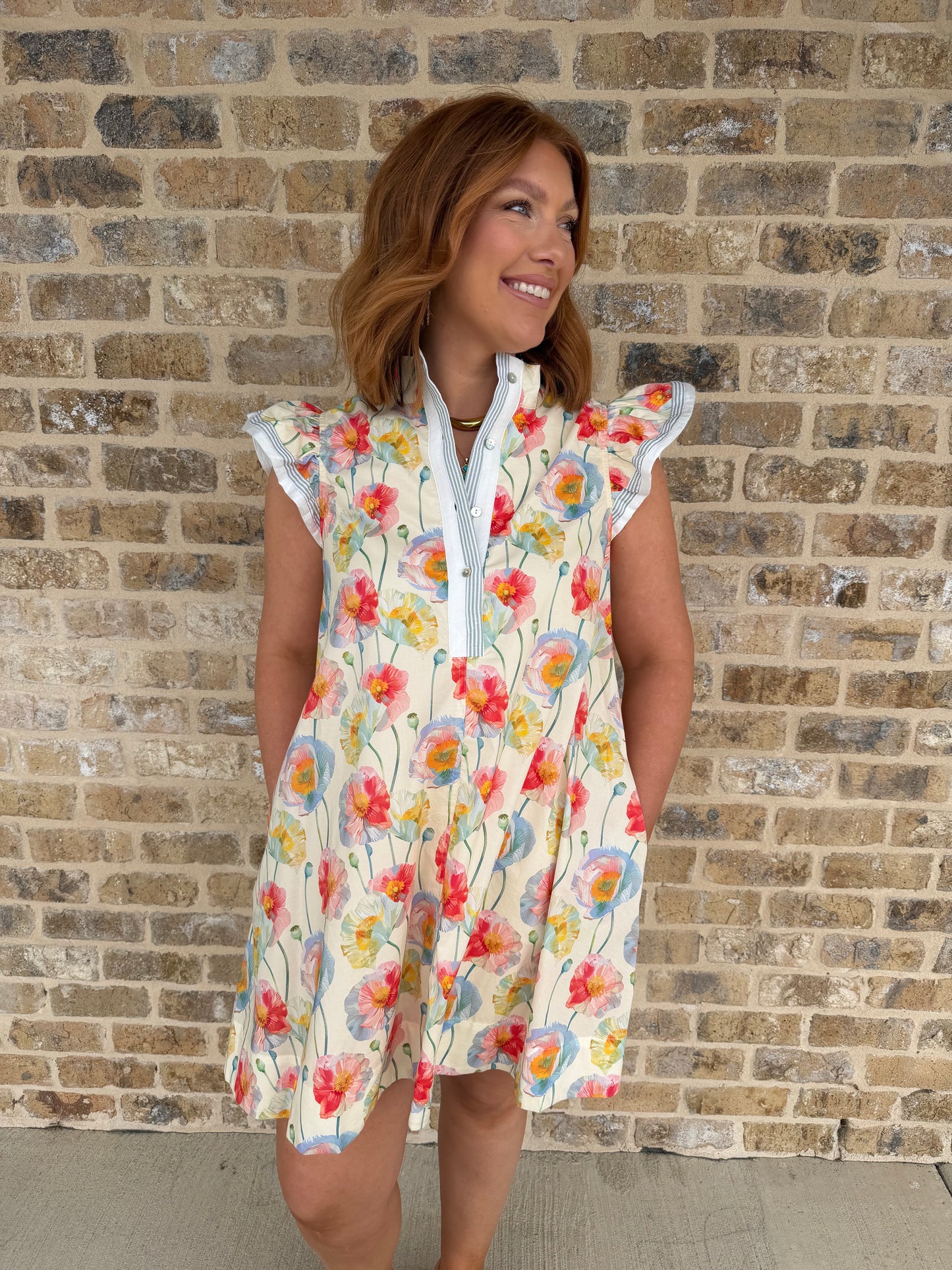 FLORAL HALF BUTTON DRESS WITH FLUTTER SLEEVE
