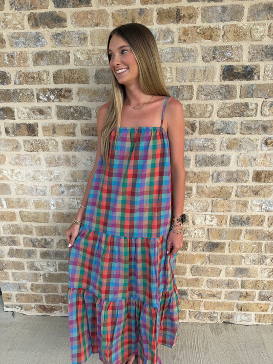 MULTICOLORED PLAID MAXI DRESS