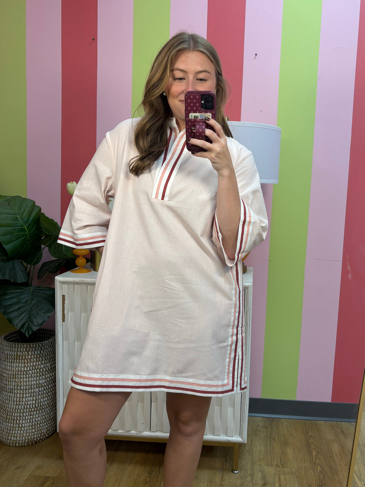 STRIPE TRIM COLOR BLOCK COLLARED DRESS