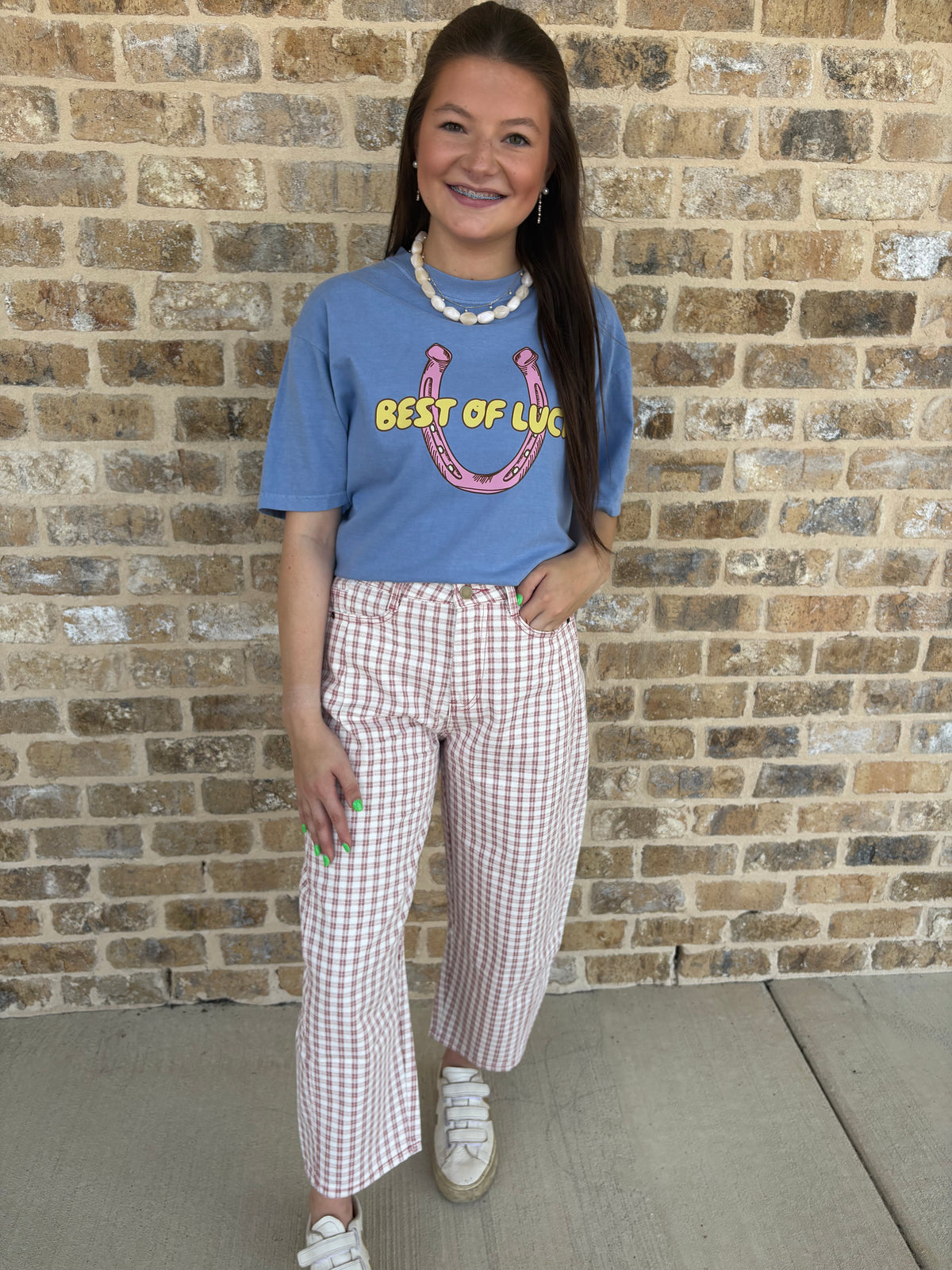 PINK CHECKER PRINT BARREL JEANS