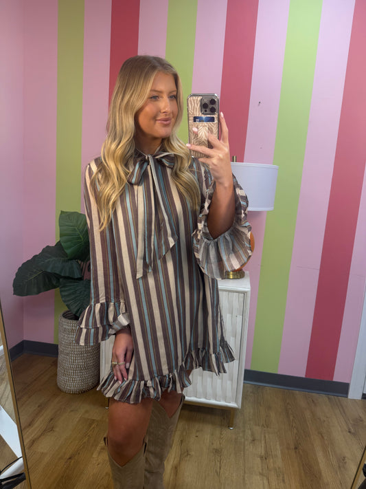 STRIPED BOW TIE RUFFLE DRESS