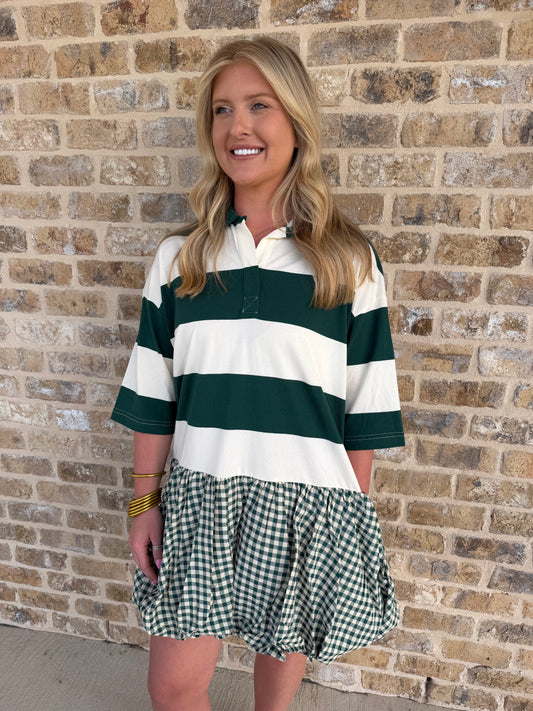 CHECKERED STRIPE BALLOON MINI DRESS