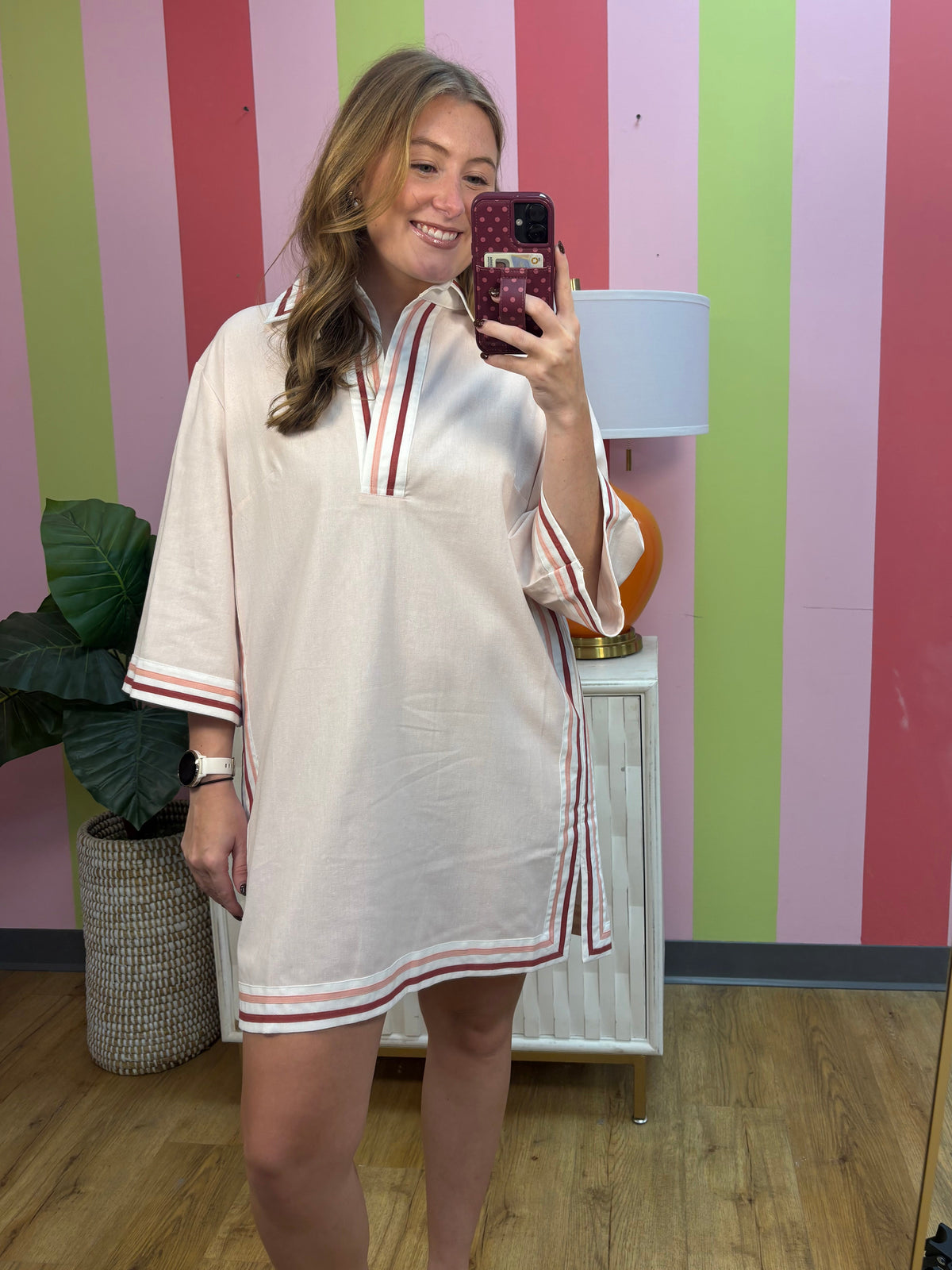 STRIPE TRIM COLOR BLOCK COLLARED DRESS