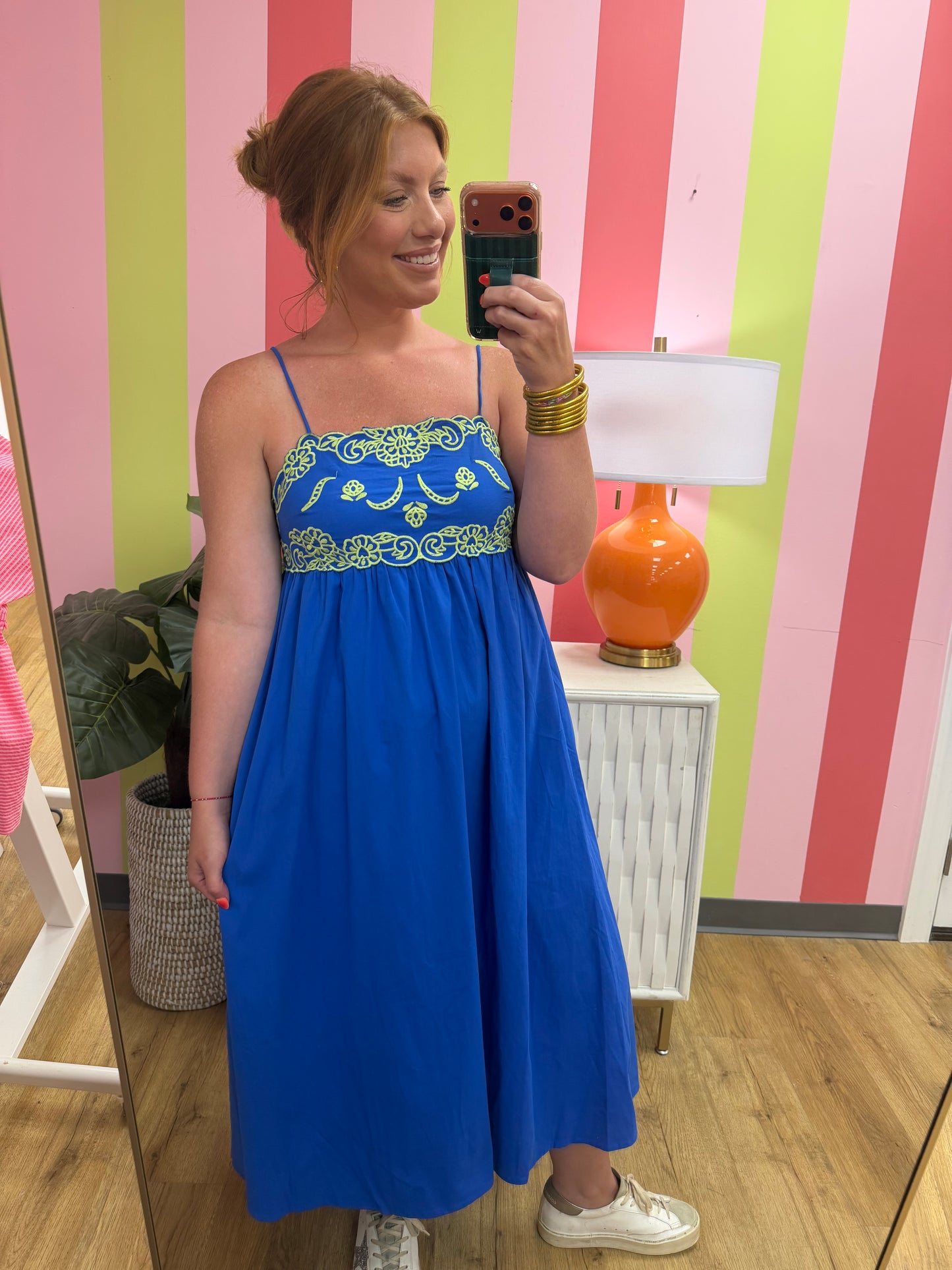 Blue and Yellow Embroidered Detail Midi Dress