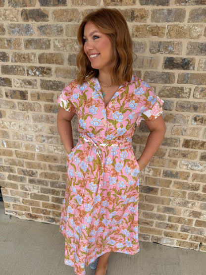 FLORAL PRINT BLOCK MIDI DRESS