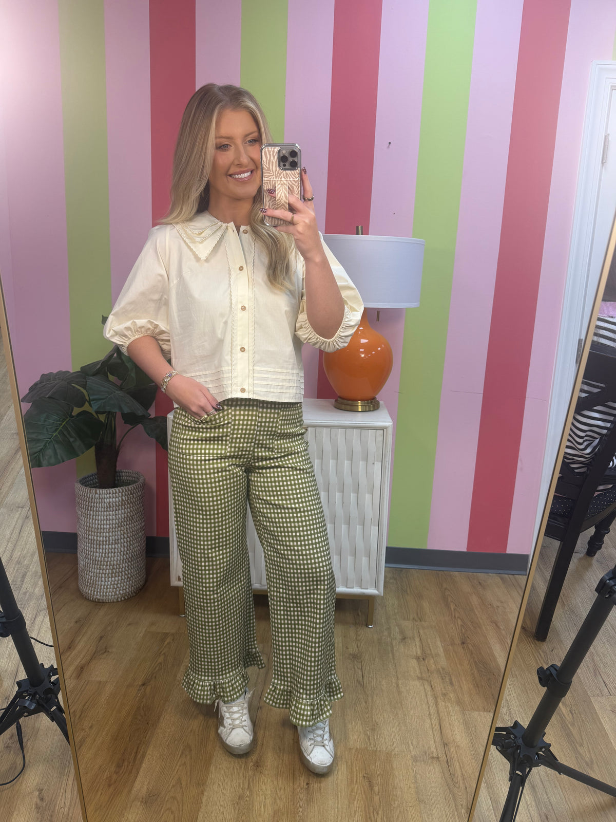 OLIVE GINGHAM PANTS