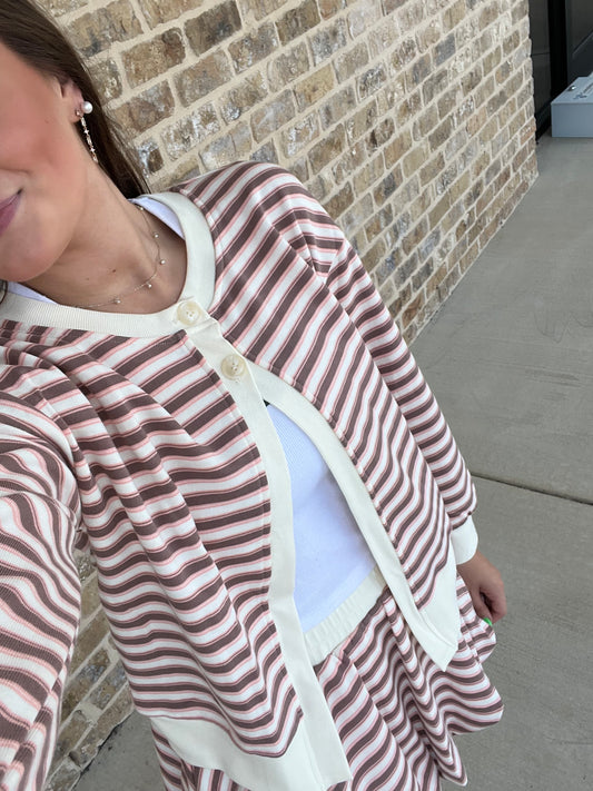 STRIPED RIB TRIMMED CARDIGAN