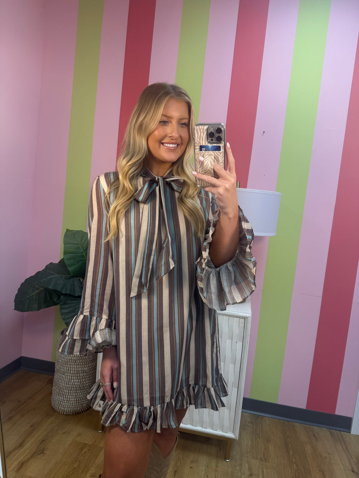 STRIPED BOW TIE RUFFLE DRESS