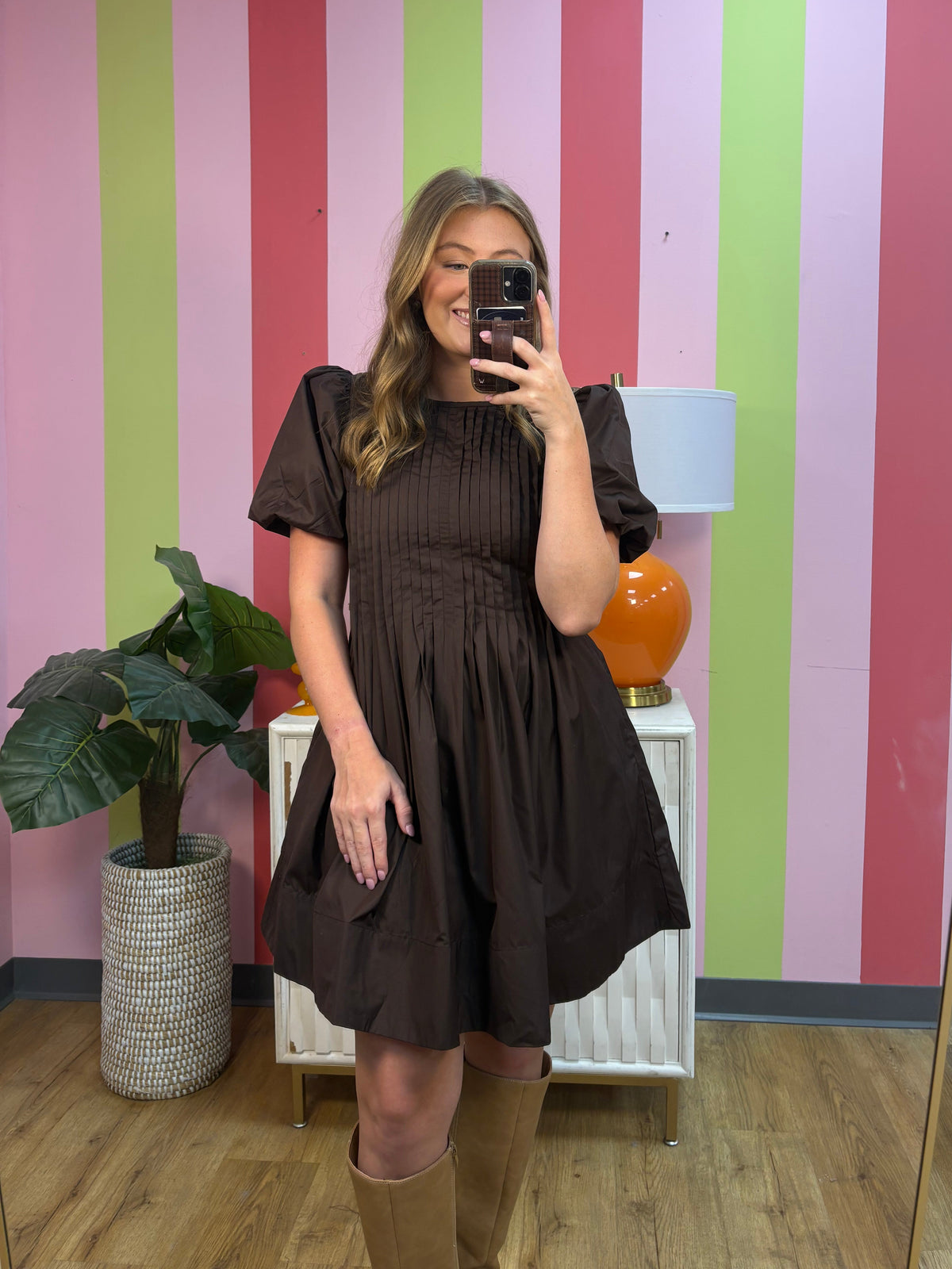BROWN PUFF SLEEVE MINI DRESS