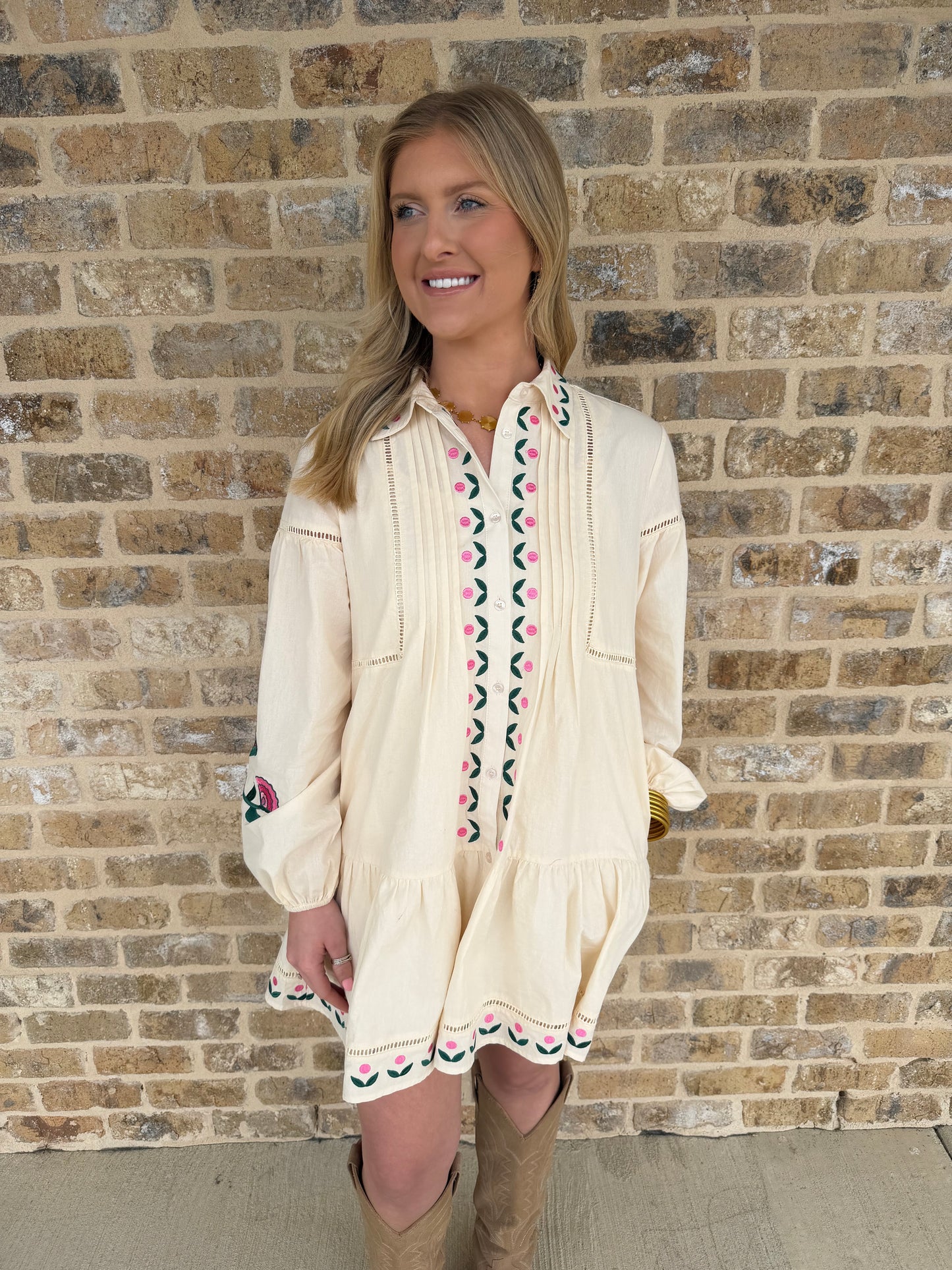 EMBROIDERED PINTUCK MINI DRESS