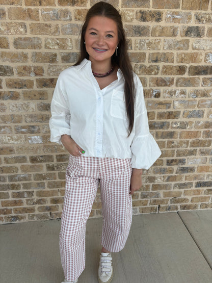 PINK CHECKER PRINT BARREL JEANS