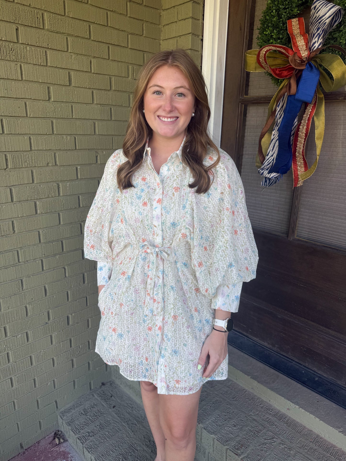 PRINTED PUFF SLEEVE TIE WAIST MINI DRESS