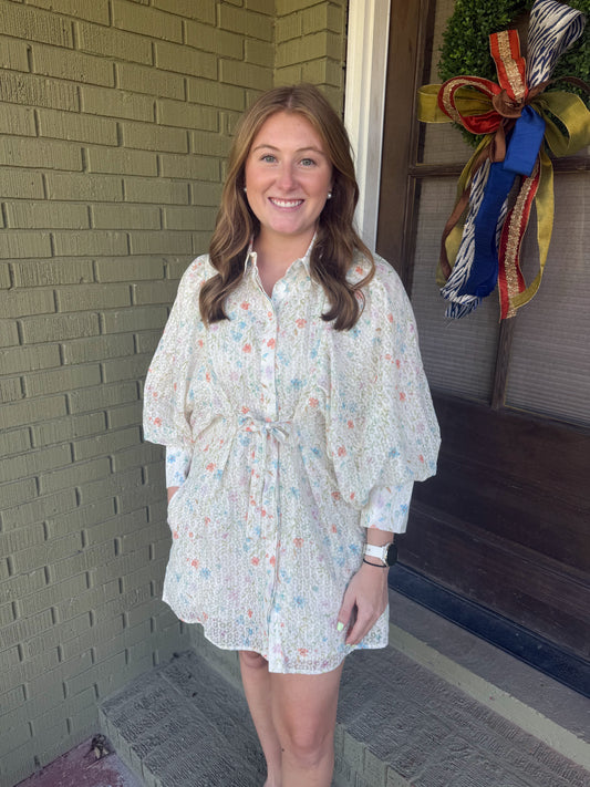 PRINTED PUFF SLEEVE TIE WAIST MINI DRESS