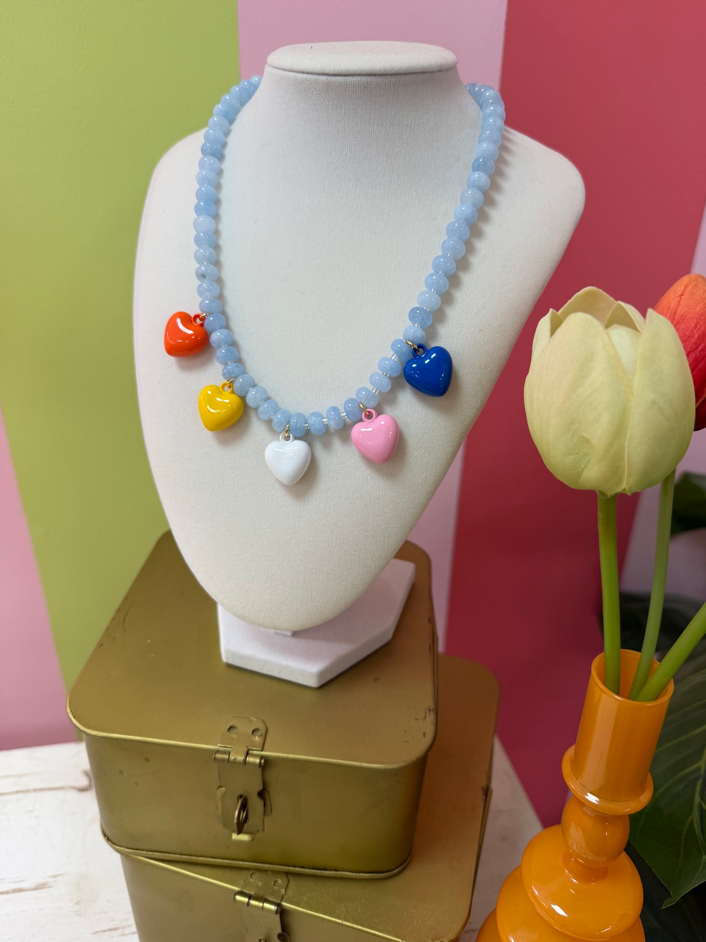 BLUE BEADED HEARTS NECKLACE