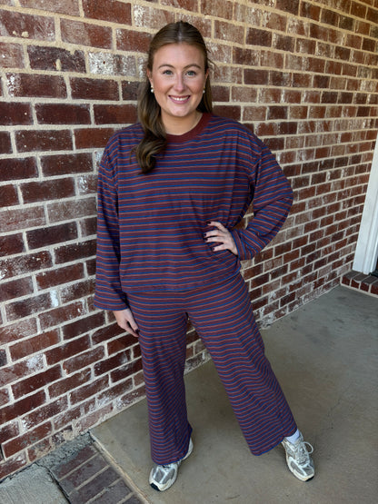 STRIPED LONG SLEEVE AND WIDE LEG PANTS