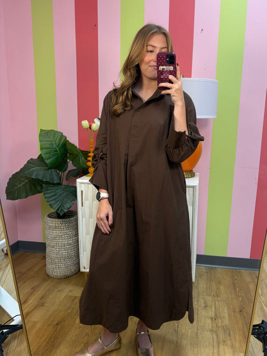 SOLID COLLARD BUTTON DETAIL MIDI DRESS