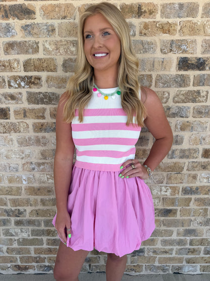 MIXED MEDIA BUBBLE HEM MIDI DRESS