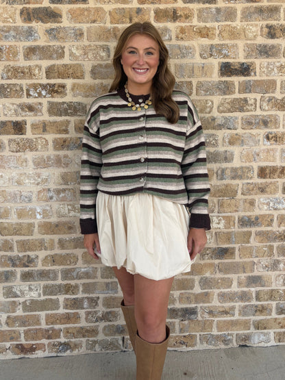 MULTI STRIPE CREWNECK KNIT CARDIGAN