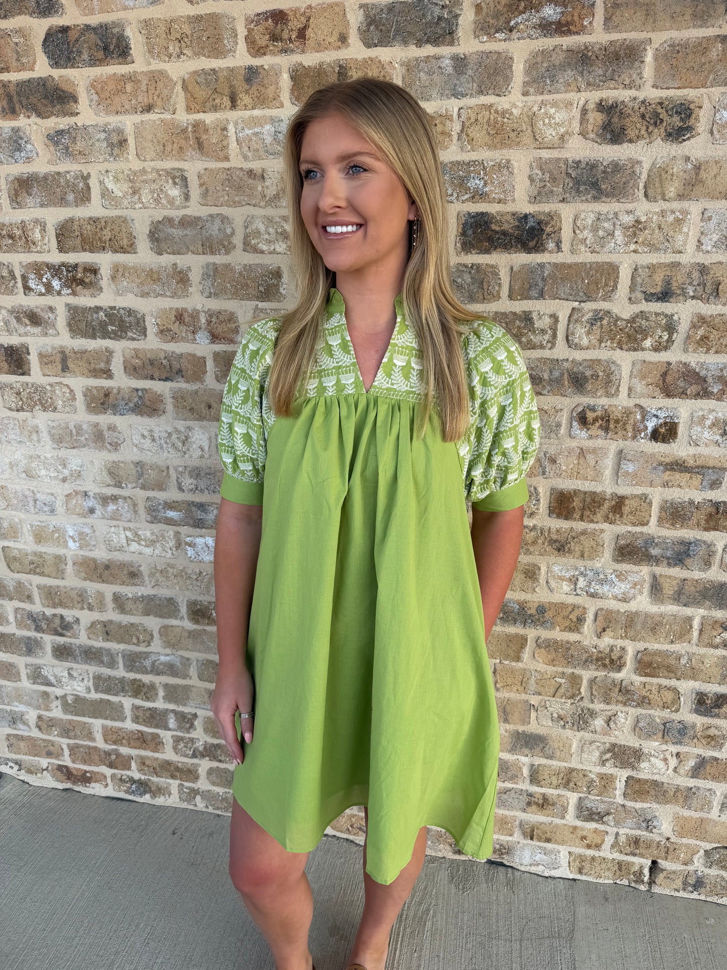 FLORAL EMBROIDERED V NECK GREEN DRESS
