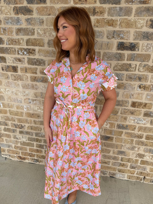 FLORAL PRINT BLOCK MIDI DRESS