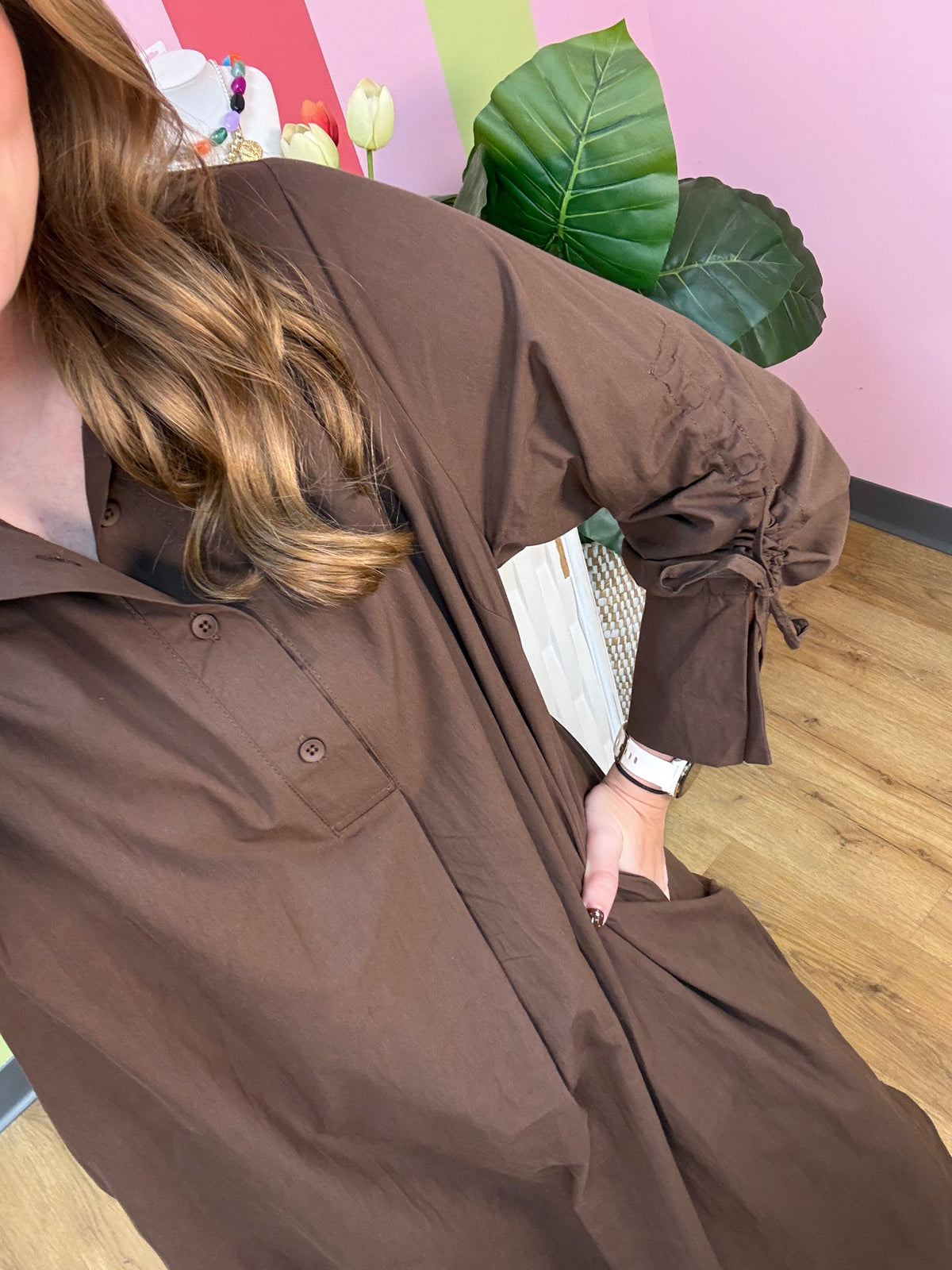 SOLID COLLARD BUTTON DETAIL MIDI DRESS