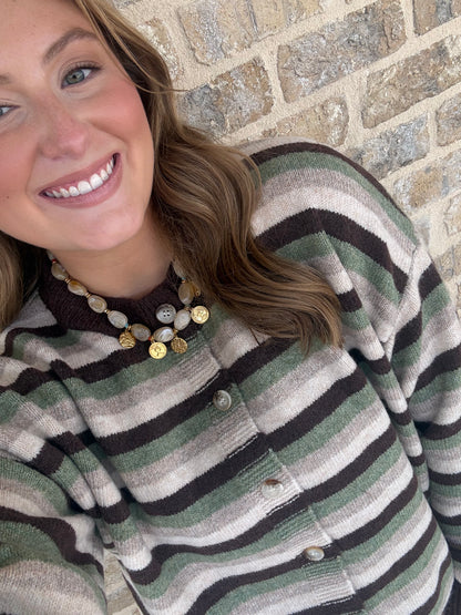 MULTI STRIPE CREWNECK KNIT CARDIGAN