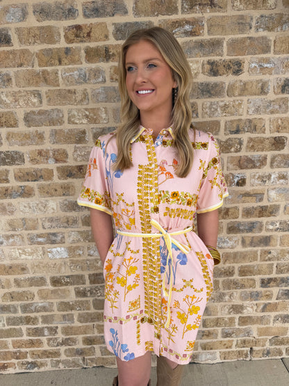 FLORAL BUTTON DOWN DRESS WITH TIE