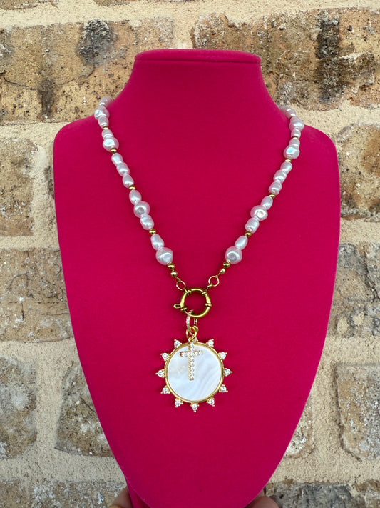 PEARL SUN WITH CROSS NECKLACE