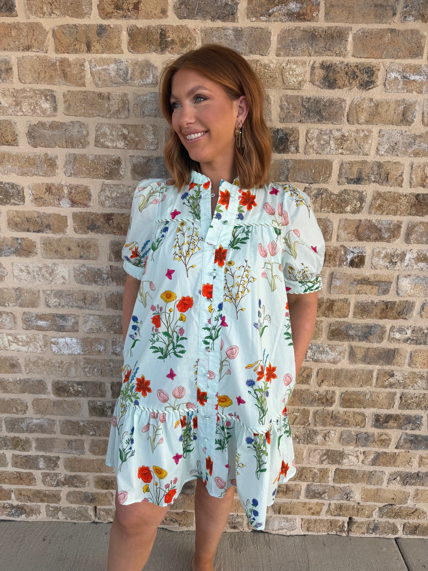 LIGHT BLUE FLORAL PRINT BUTTON UP DRESS
