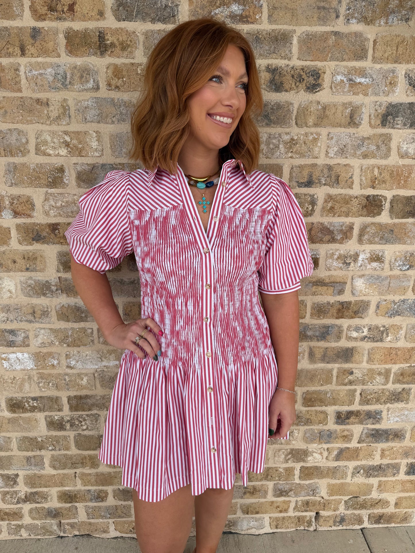 STRIPED SMOCKED MINI DRESS