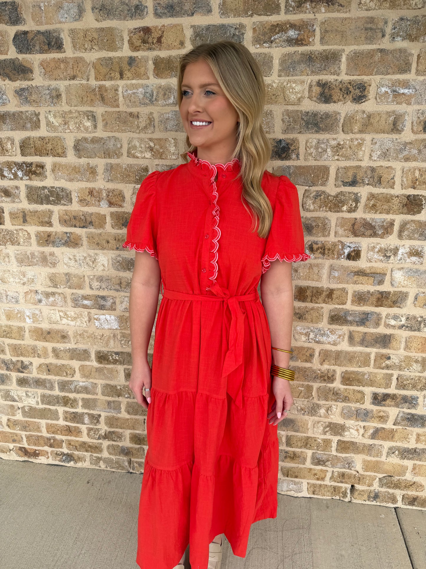 RED SCALLOPED RUFFLE MIDI DRESS